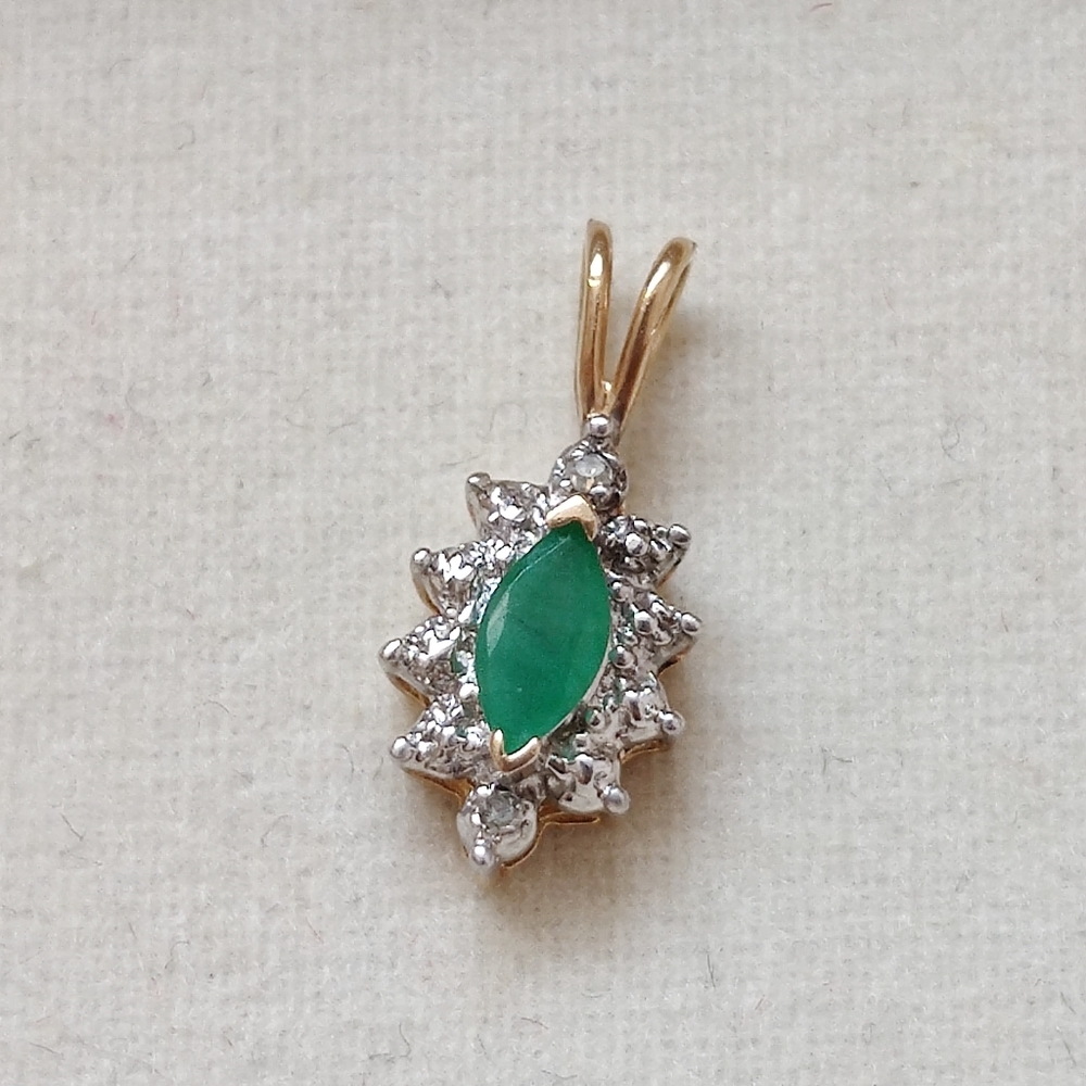 Vintage 10K Gold Emerald Marquise Diamond Pendant